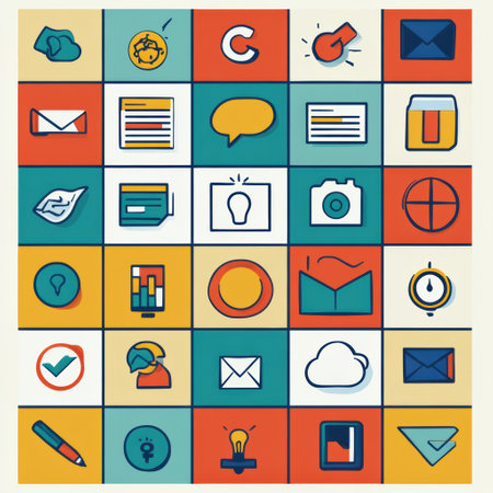 Brightly colored grid features diverse icons illustrating themes of communication, information sharing, and technology in a creative arrangement.の素材