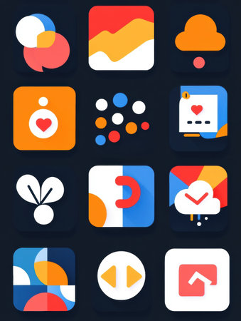 Brightly colored icons are organized in a grid format, illustrating different functions such as messaging, data graphs, and notifications.の素材