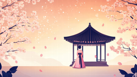 A figure dressed in traditional attire stands tranquil by a pavilion, framed by blooming cherry blossoms and golden sunset hues.の素材