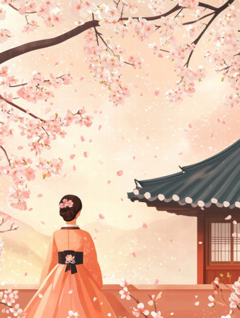 A figure in elegant traditional clothing stands amidst blooming cherry blossoms, gazing at a tranquil building during springs evening glow.の素材