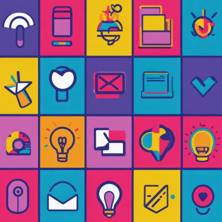 Colorful grid filled with diverse icons symbolizing technology, ideas, and communication, illustrating creativity in design and innovation.の素材