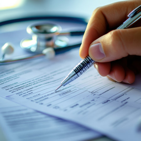 A hand carefully completes a medical form while a stethoscope is placed on the table, indicating an active healthcare setting.の素材