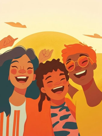 Three friends embrace the moment with smiles and cheerful energy as the sun sets, highlighting their colorful styles and camaraderie.の素材