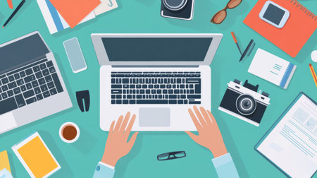 Two hands are typing on a laptop while various office supplies and a camera are spread across a vibrant workspace filled with creativity.の素材