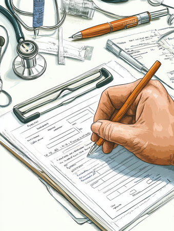 A hand is actively filling out a medical form surrounded by healthcare tools and supplies on a table.の素材