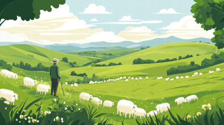 A farmer watches over a flock of sheep in lush green hills under a bright sky during the day. The peaceful scene showcases rural life.の素材