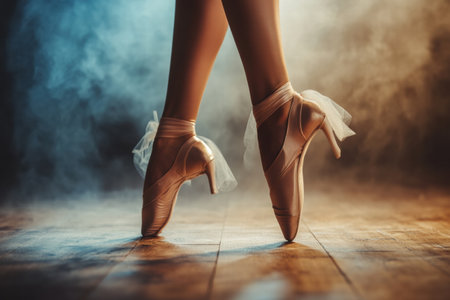 A ballet dancer showcases skillful en pointe technique on a wooden stage surrounded by soft mist and gentle lighting effects.の素材
