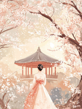 A person in traditional attire observes a classic pavilion as cherry blossoms fall, illuminated by the warm glow of sunset.の素材
