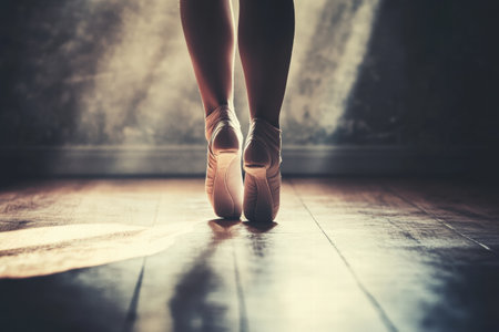 A ballet dancer balances gracefully on pointe shoes, illuminated by soft sunlight in a quiet studio.の素材