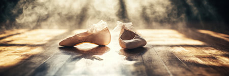 Soft light filters through a dance studio, highlighting ballet shoes on a polished wooden floor, creating a serene and artistic atmosphere.の素材