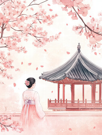 A woman dressed in traditional clothing stands in a peaceful garden, gazing at a beautiful pavilion surrounded by blooming cherry blossoms.の素材