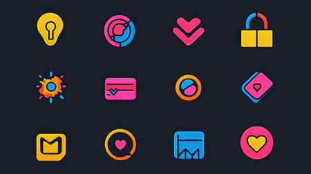 A vibrant collection of digital icons showcases different actions and concepts using bright colors on a dark backdrop, highlighting creativity.の素材