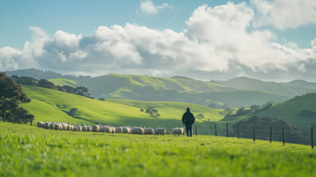 A shepherd walks alongside a flock of sheep across vibrant green hills, showing tranquility and the beauty of nature in the countryside.の素材
