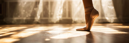 Ballet dancer gracefully balances on toes, illuminated by warm sunlight streaming through sheer curtains in a dance studio.の素材