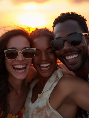 Three friends stand together, smiling broadly as the sun sets behind them, creating a vibrant and warm atmosphere at the beach.の素材