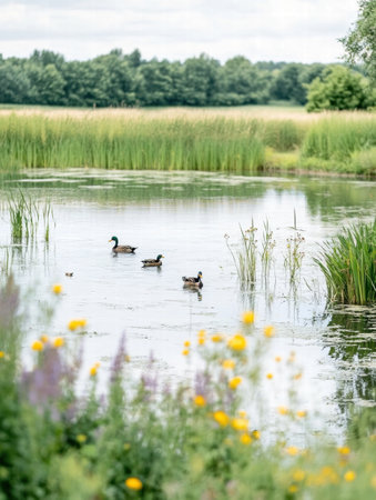 Ducks enjoy a tranquil swim in a pond filled with vibrant wildflowers and tall grasses under a clear sky in the countryside.の素材