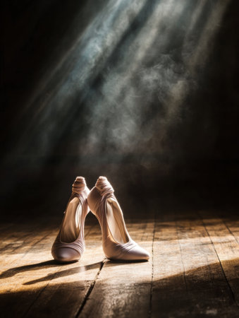 Soft light highlights a pair of stylish high heels resting on a rustic wooden floor, creating an atmospheric and elegant vibe.の素材