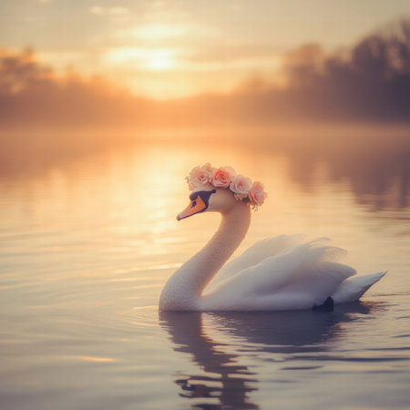A stunning swan wearing a floral crown glides effortlessly across the misty lake as the sun sets, casting a warm glow on the water.の素材