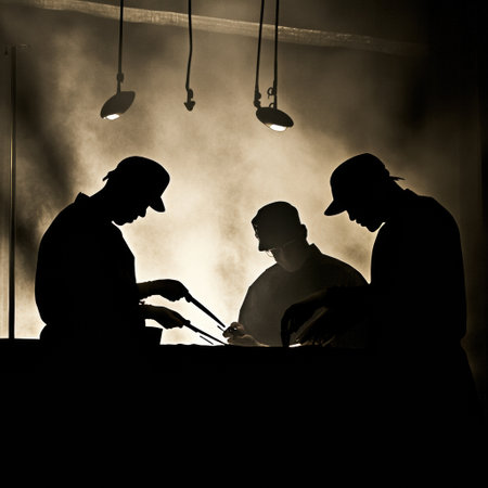 Three workers are focused on their tasks, illuminated by industrial lights, creating a dramatic, shadowy atmosphere in a workshop.の素材
