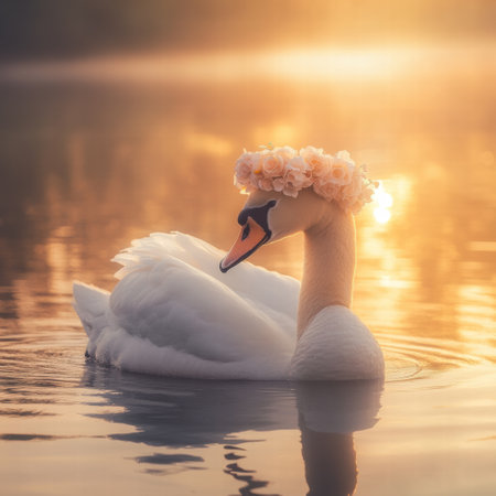 A beautiful swan wearing a floral crown glides through tranquil waters during sunset, reflecting warm golden hues.の素材