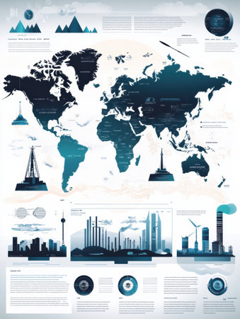 A detailed world map displays countries, significant geographical features, and distinct landmarks, featuring a sleek and contemporary aesthetic.の素材