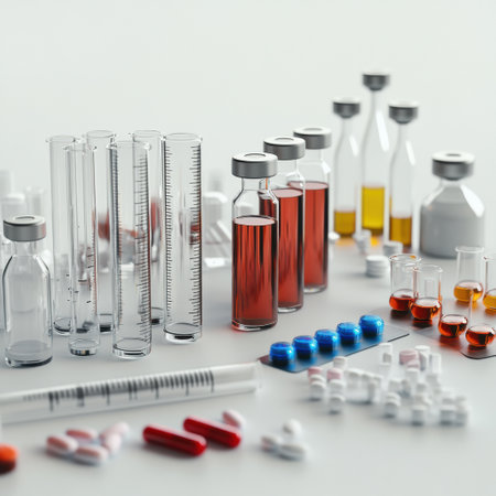 An organized assortment of glass test tubes, vials, and colorful pills displays a medical laboratory setup, indicating ongoing research activities.の素材