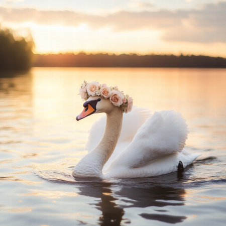 A beautiful swan adorned with a floral crown swims peacefully in a tranquil lake as the sun sets, creating a warm and serene atmosphere.の素材