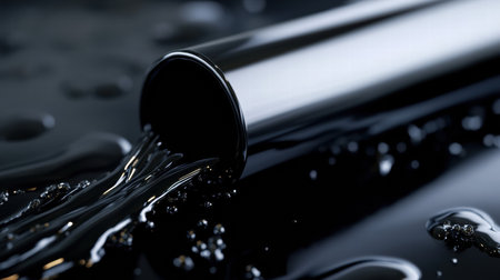 A dark cylindrical pipe spills black liquid onto a shiny surface, creating a reflective and fluid display in a low lit area.の素材