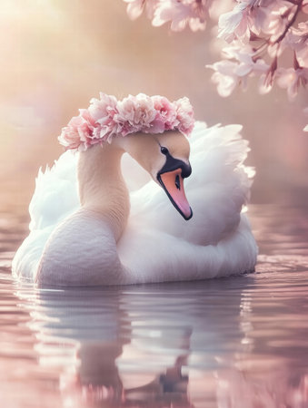 A swan with a floral crown glides smoothly over calm water, framed by delicate cherry blossoms in the soft light of spring.の素材