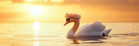 A beautiful swan wearing a floral crown glides peacefully across calm water as the sun sets, casting a golden glow on the surroundings.の素材