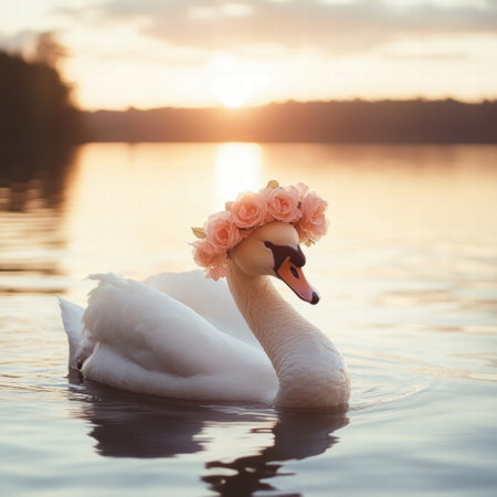 A beautiful swan wearing a crown of pink roses glides serenely across the tranquil lake as the sun sets in the background, creating a peaceful scene.の素材