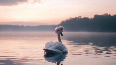 A swan swims gracefully on calm waters as the sun sets, adorned with a pink floral crown against a tranquil backdrop.の素材