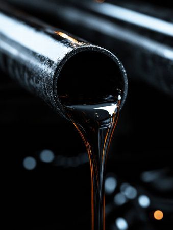 Liquid is seen pouring from a black metal pipe onto a smooth surface, showing a high contrast against a dark backdrop.の素材