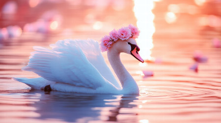 A beautiful swan with a floral crown swims calmly in tranquil waters as the warm colors of sunset reflect nearby.の素材