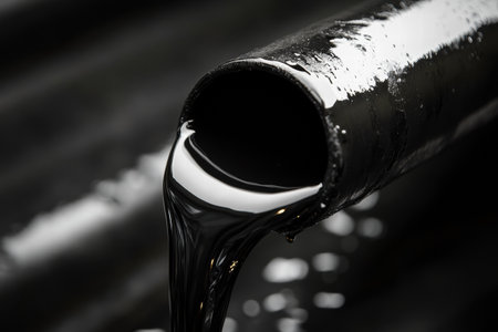 Liquid flows from the end of a black pipe, reflecting light in a dark setting, creating a sleek and smooth appearance.の素材