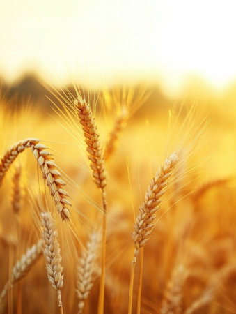 A vast wheat field glows in the evening light, with golden stalks gently swaying in the breeze as harvest time approaches.の素材