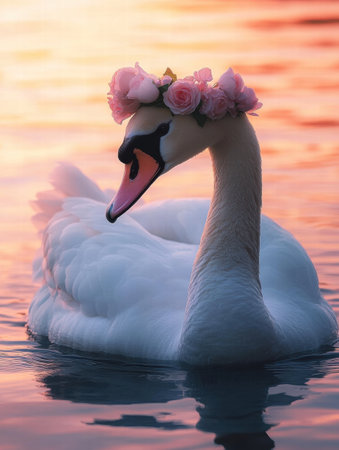 A swan swims serenely on still water, wearing a delicate floral crown against a stunning sunset backdrop, creating a tranquil atmosphere.の素材