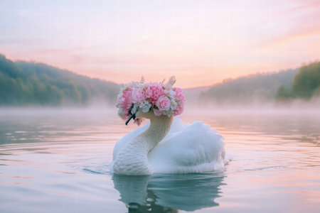 A graceful swan adorned with a vibrant flower crown moves elegantly across a calm lake surrounded by mist and gentle sunlight.の素材