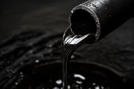 Thick black liquid flows steadily from a pipe into a dark basin, creating ripples, showing the industrial process at dusk.の素材