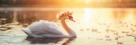 A beautiful swan glides across a serene lake during sunset, adorned with a floral crown, creating a tranquil atmosphere.の素材