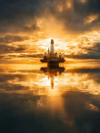 An oil rig is positioned in the ocean, surrounded by dramatic clouds and a vibrant sunset that casts golden reflections on the water.の素材