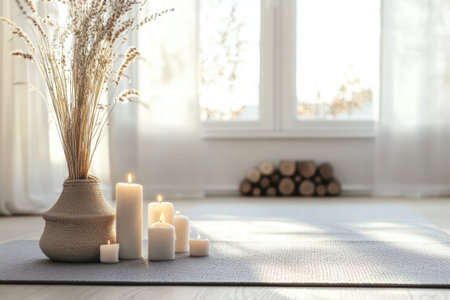 Soft light from the window illuminates a serene space with candles and a vase of dried flowers, creating a calming atmosphere.の素材