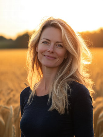 A woman stands confidently in a golden wheat field at sunset, her hair glowing in the warm light as she smiles naturally.の素材