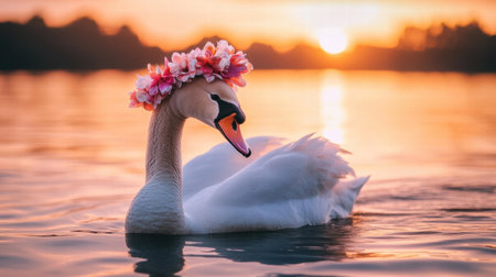 A beautiful swan with floral accessories gracefully swims across a glittering lake as the sun sets, creating a serene atmosphere.の素材