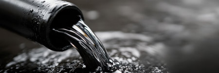 A dark liquid cascades from a pipe, creating ripples on the surface of calm water while soft daylight illuminates the scene.の素材