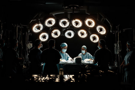 Medical professionals collaborated in a focused environment, strategizing during a significant surgical procedure in a hospital setting.の素材