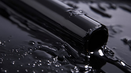 A glossy cylindrical object is immersed in flowing liquid black paint on a smooth surface, showing dynamic movement and texture.の素材