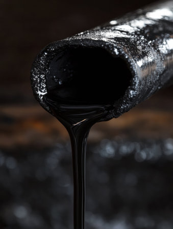 Thick black liquid slowly drips from a worn metal pipe, highlighting the smoothness of the material and the depth of color in an industrial area.の素材