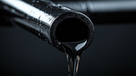 A dark liquid flows out from a pipe, reflecting low light, highlighting the texture and movement of the substance within a workshop.の素材