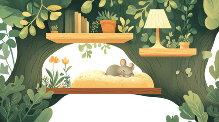 A small mouse sleeps peacefully on a soft bed within a tree, surrounded by plants and shelves filled with books and decor.の素材